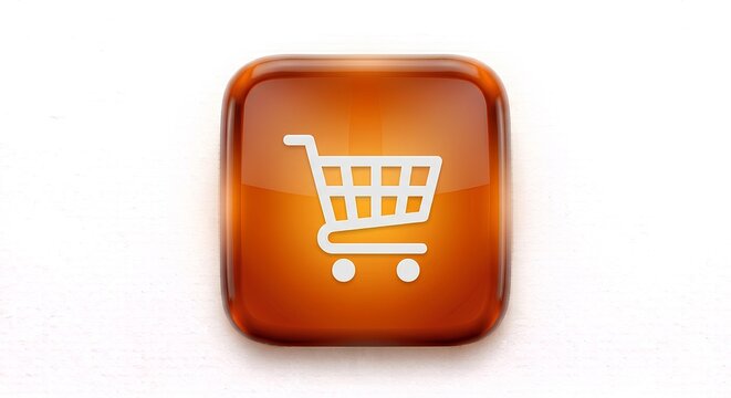 3D glossy amber shopping cart icon, e-commerce button isolated on white background.