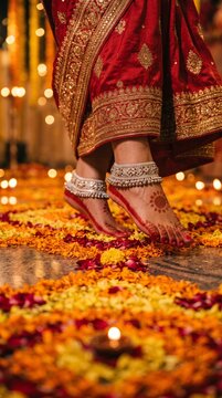 Traditional Indian woman feet adorned with silver payal anklets and alta design standing on a floor covered with flower petals during Karwa Chauth festival celebration