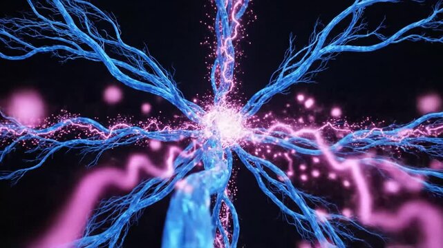 Neural network with electrical impulses on dark background