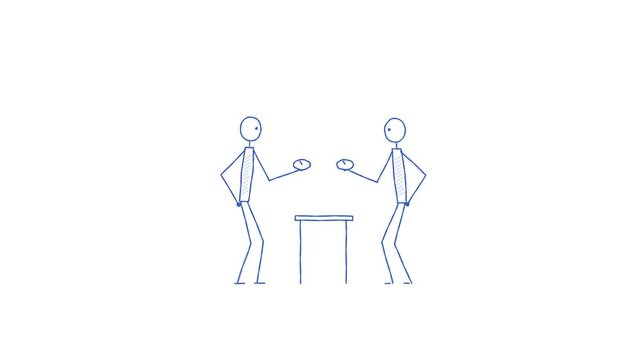 Stick figures discussing time management with clocks