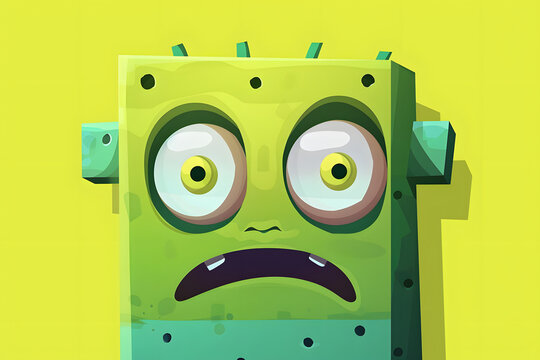 Scared green square monster character with large bulging eyes and worried expression