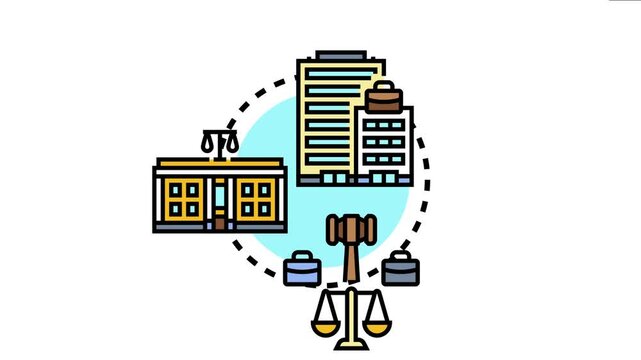 Limited liability company concept showing buildings, scales of justice, and a gavel symbolizing the legal structure and business aspects of a corporate entity and its formation process