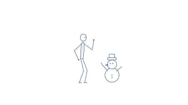 Stick figure and snowman dancing together