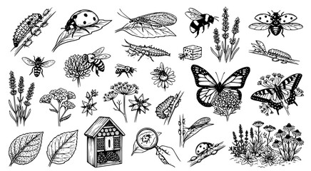 Obraz premium Detailed hand drawn set of beneficial garden insects and pollinators with habitat tools for organic pest control and nature education in a classic black and white illustration style