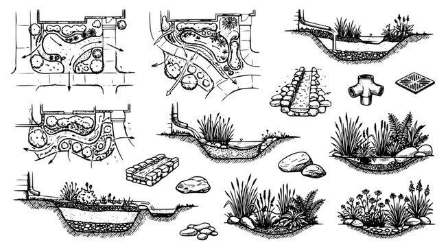 Sustainable rain garden and drainage system design elements featuring swales stone paths and native planting zones in black and white sketch style vector illustration for landscaping