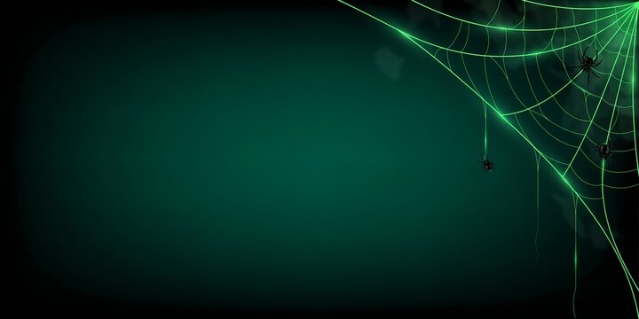 Spooky Green Halloween Background with Glowing Spider Web, Corner Border, and Wide Copy Space