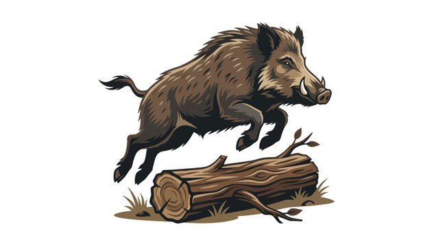 Powerful wild boar leaping over a fallen tree log in a dynamic action pose, isolated vector illustration of feral hog with sharp tusks and bristly brown fur on white background.