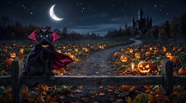 Black cat wearing a Count Dracula costume, sitting on a fence under a crescent moon, pumpkin patch background, copy space, Halloween Party
