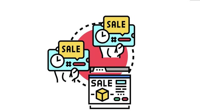 Hands holding smartphones with sale notifications and a clock icon communicating a limited time special offer, connecting to an online shop displaying product discounts