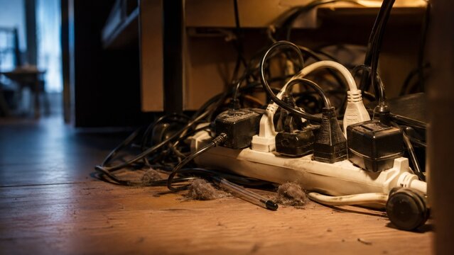Overloaded power strip with many plugs and tangled cords on dusty floor under desk. Fire hazard and electrical safety risk in home.