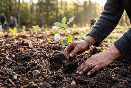 Hands planting a young oak tree seedling in dark soil in a forest reforestation and conservation