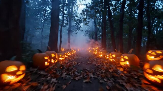 Spooky Forest Path Lined with Jack-o'-lanterns: A mystical and eerie forest path at twilight, illuminated by rows of carved pumpkins casting an ominous glow.