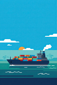 Flat Illustration Of A Cargo Ship Carrying Containers At Sea