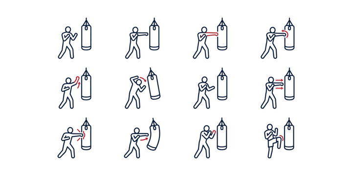 Set of boxing training icons featuring different punches and kicking techniques on a heavy punching bag.