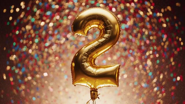 Birthday balloon shape number two, golden letter figure 2 on celebration background AI Generative