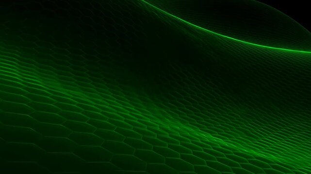 Luminous green wave mesh flows through a dark digital field. Technology presentations, digital product promotion, and science media.