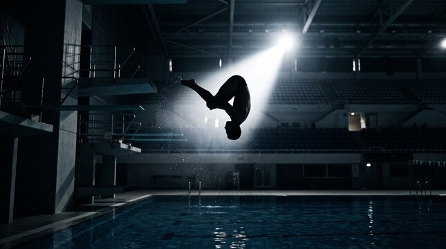 Silhouette of male diver executing back somersault in mid air under spotlight at indoor pool, representing high diving athleticism, acrobatic aquatic sport, and competitive excellence