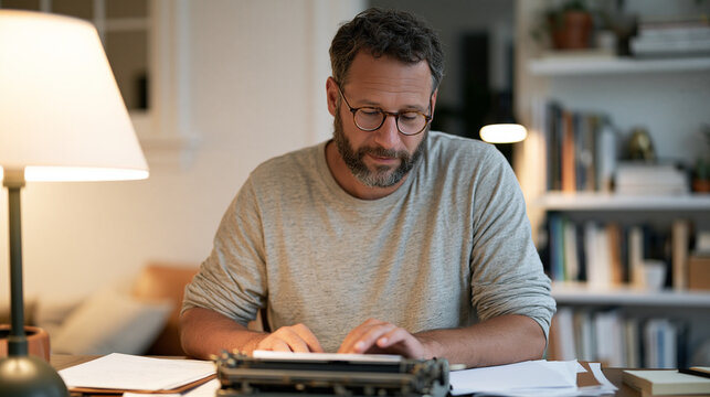 A man with round glasses sits at a restored vintage typewriter in a lamp-lit study typing a letter addressed to his deceased father, the unsent correspondence a private ritual of
