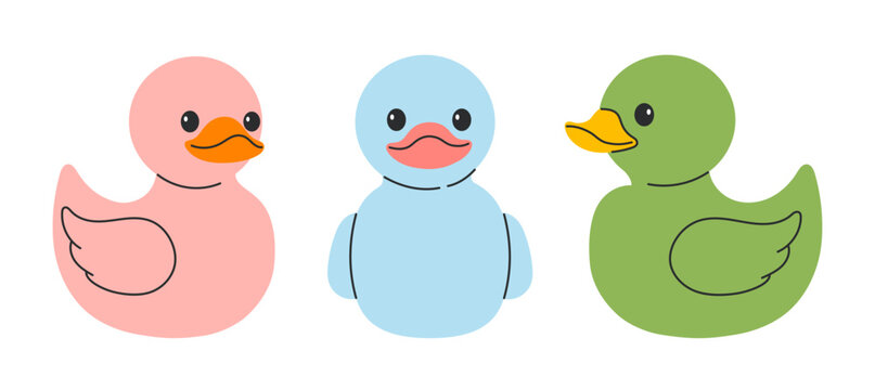 Three rubber duck toys in pink blue and green colors with different beak shades. Flat vector illustration