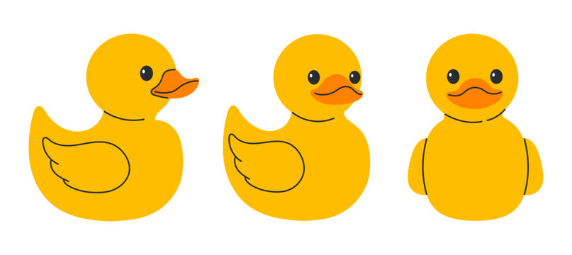 Three yellow rubber duck toys shown in different angles side and front view. Flat vector illustration