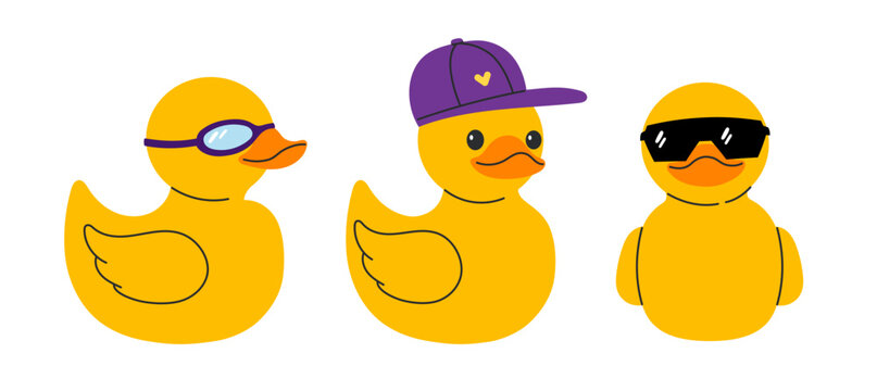Three yellow rubber ducks wearing swim goggles baseball cap and black sunglasses. Flat vector illustration