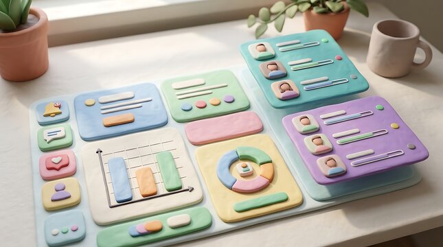3D Claymorphism Business Dashboard UI Kit with Bar Charts and Pie Graphs for Financial Analytics and Web Design Presentation on Pastel Background