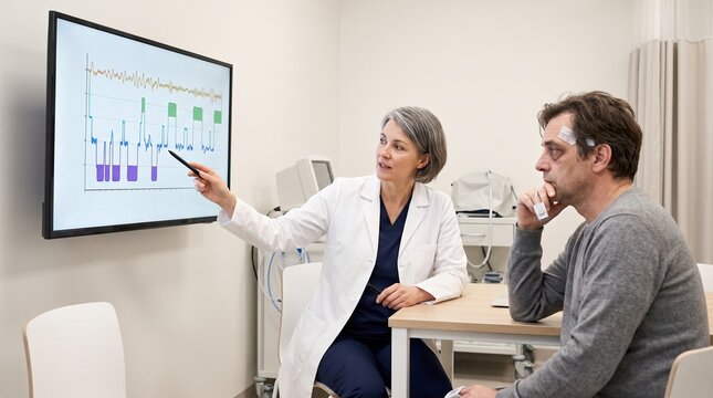 Female physician explaining digital sleep chart graph on screen to tired male patient in sleep study clinic, conveying sleep apnea diagnosis, insomnia treatment, and medical consultation