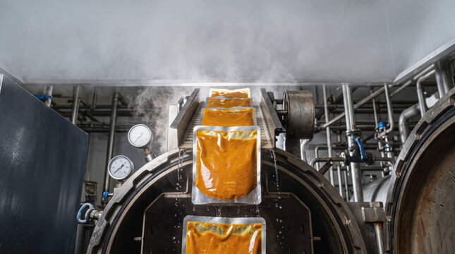 Industrial retort machine sterilizing food pouches on conveyor belt in factory