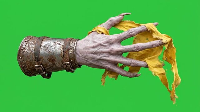 Undead monster hands with metal gauntlets on green screen