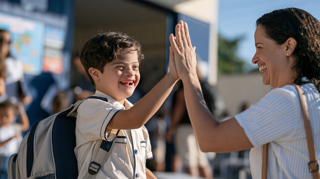Brazilian child with Down syndrome in school uniform high fiving teacher at classroom doorway arrival routine, morning school greeting, inclusive education policy, disability