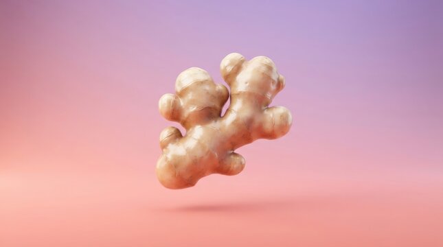 Smooth 3D icon of whole ginger root rhizome floating against soft pink gradient backdrop