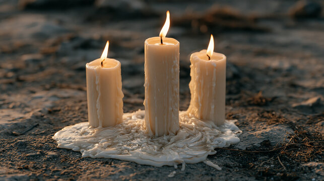 Overhead close up of three lit candles placed on the ground in a triangle formation, melted wax pooling together at their bases, no people, symbolic mourning arrangement, memorial