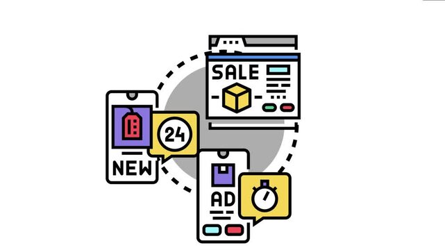 Limited time discounts concept showing a sale webpage linked to mobile phones displaying new product tags, 24 hour deals, and advertisement symbols with a stopwatch for urgent offers