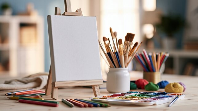 Wooden easel with blank canvas and paintbrushes on artist table in studio