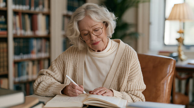 A woman with silver hair sits in a library reading room carefully annotating the margins of an inherited book, her pencil notes responding to her late mother's pencil notes from