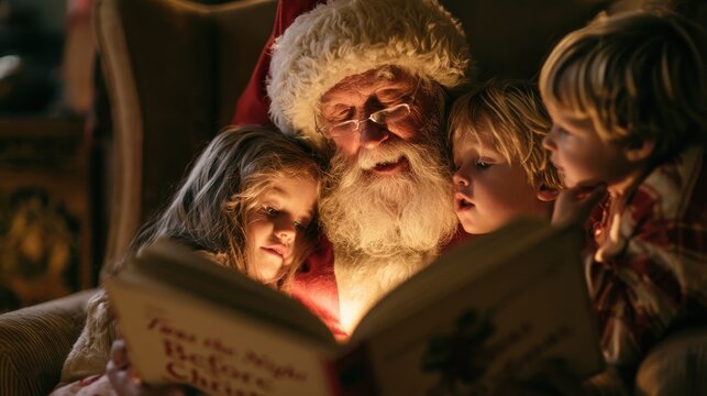 Grandfather reading the classic "Twas the Night Before Christmas" book to his grandchildren, cozy armchair, attentive kids, warm atmosphere