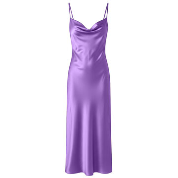 Elegant purple satin slip dress with cowl neckline transparent background