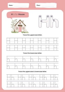 Educational worksheet for children to practice writing and tracing uppercase and lowercase letter H. Printable handwriting practice activity page designed for preschool, kindergarten, and early elemen