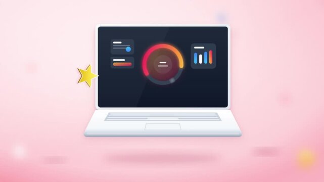 Animated laptop with dynamic data visualization dashboard and progress loading ring analytics computer