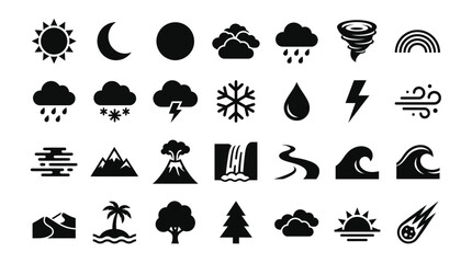 Obraz premium Nature and Weather Icons Set: A comprehensive collection of black silhouette icons representing various natural phenomena and weather conditions, from sunshine and rain to storms and celestial bodies.