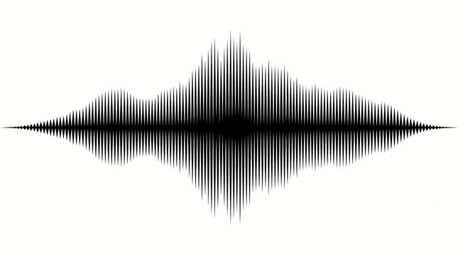 Black sound wave visualization displays digital audio frequency data isolated against a clean white background for modern multimedia graphic design projects