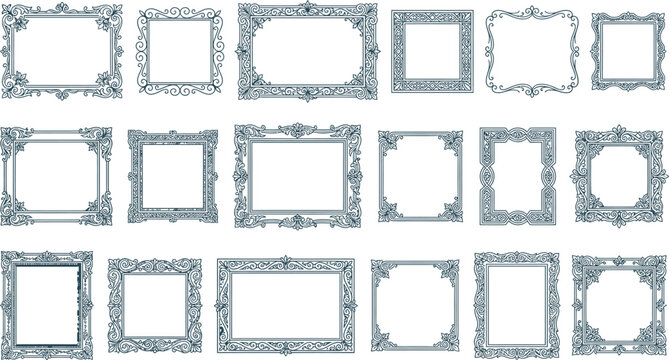 A collection of ornate vintage picture frames with intricate decorative details displayed in a grid.