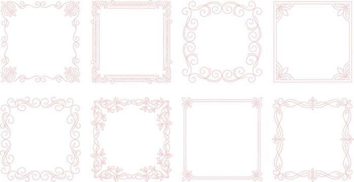Set of decorative ornate frames and borders in a gentle pastel hue, perfect for invitations, certificates, or elegant design projects.