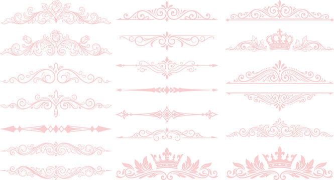 A collection of elegant pink ornamental dividers and decorative elements, including ornate swirls, floral motifs, and crowns, perfect for adding a touch of sophistication to graphic designs.