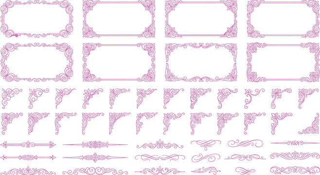 A collection of delicate pink decorative frames, borders, and corner elements, designed with intricate floral motifs and elegant swirls, perfect for adding a touch of vintage charm to any design.