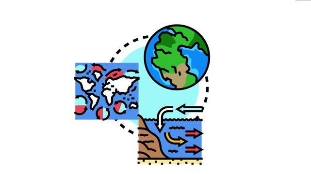 Global earth icon connecting to a world map depicting regional data distribution and a cross section showing marine ocean currents with water movement and flow