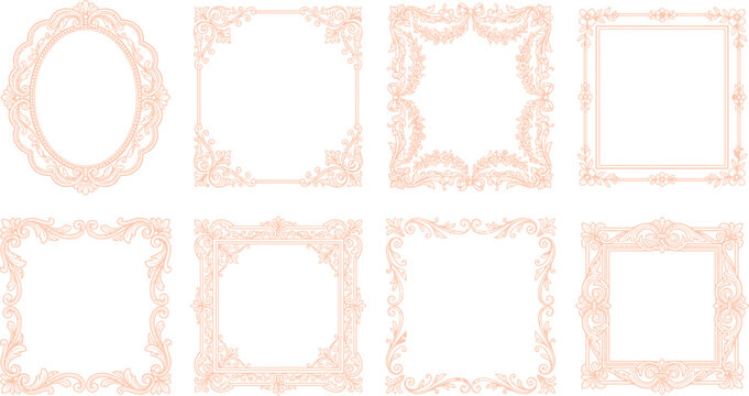 An elegant collection of eight ornamental frames, featuring intricate lace-like patterns and a soft, blush-pink hue, offers decorative borders for invitations, photographs, or artistic compositions.