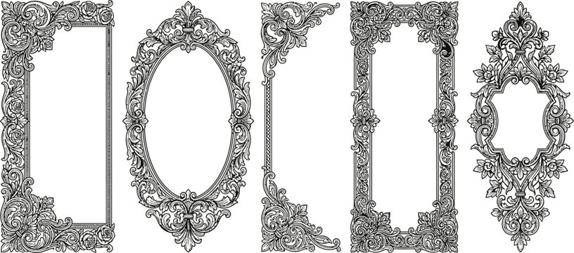 A collection of intricately designed vintage ornate frames, featuring swirling filigree and decorative elements, perfect for adding a touch of elegance and sophistication to any design.