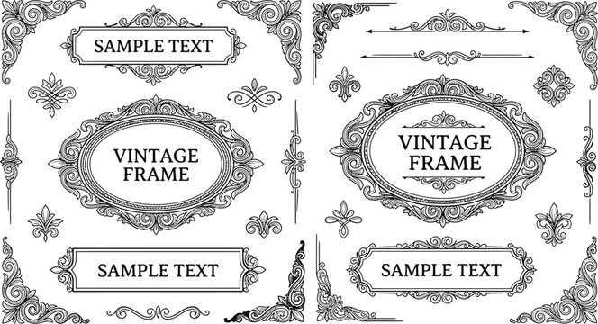 An assortment of elegant vintage ornamental frames and decorative elements, featuring intricate scrollwork and classic flourishes, perfect for creating sophisticated designs.