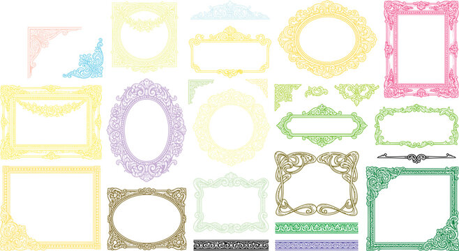 A vibrant collection of ornate picture frames and decorative borders, rendered in a whimsical, pastel palette, offers a delightful assortment of design elements for creative projects.